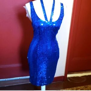 VINTAGE PEAK EVENING Iridescent Sapphire Blue Sequin Backless Strappy Dress  SZ4